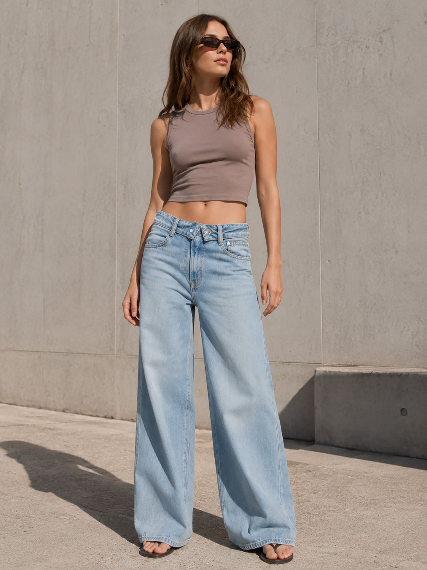 Light Blue High Rise Folded Waistband Wide Leg Jeans