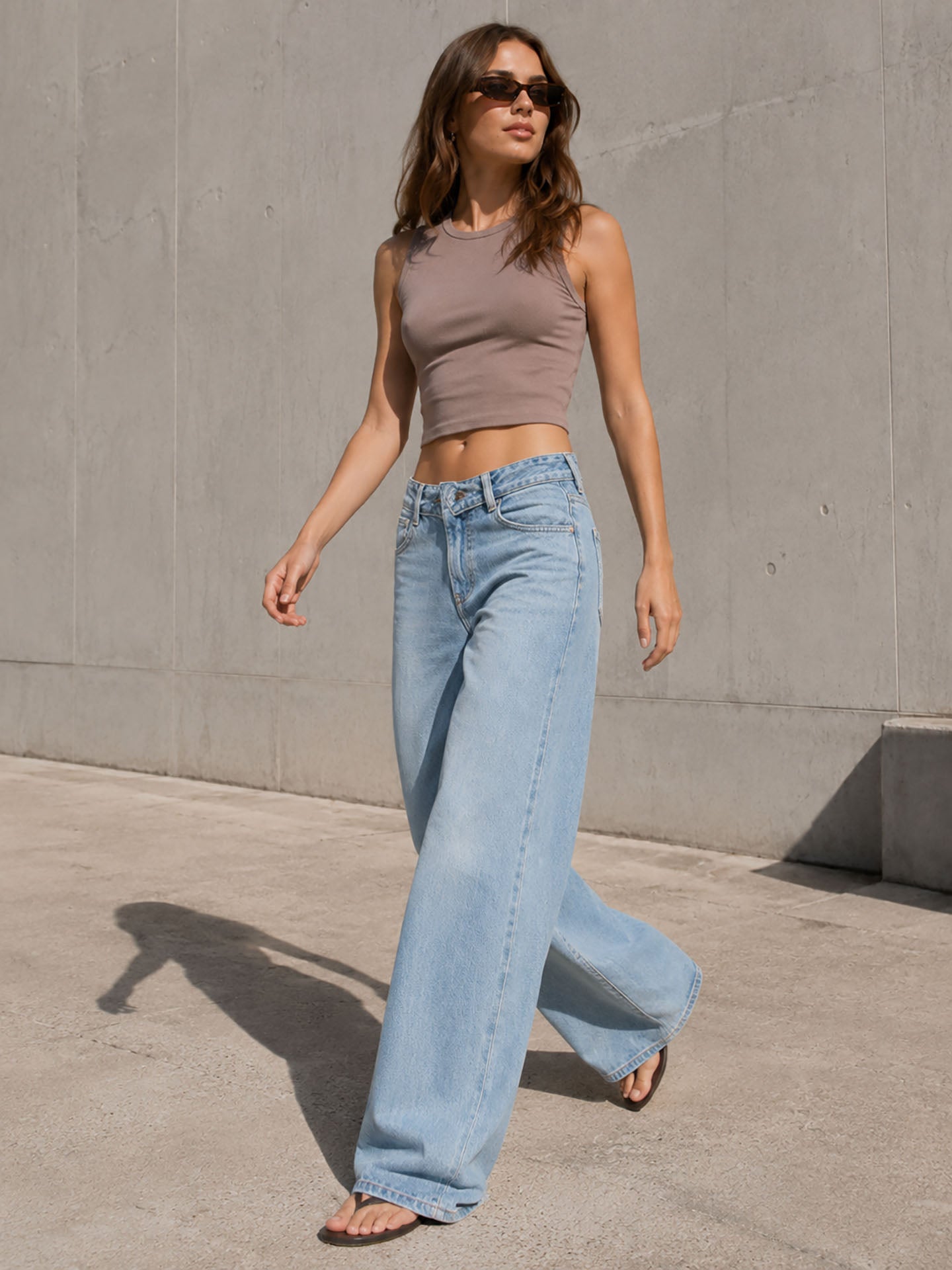 Light Blue High Rise Folded Waistband Wide Leg Jeans