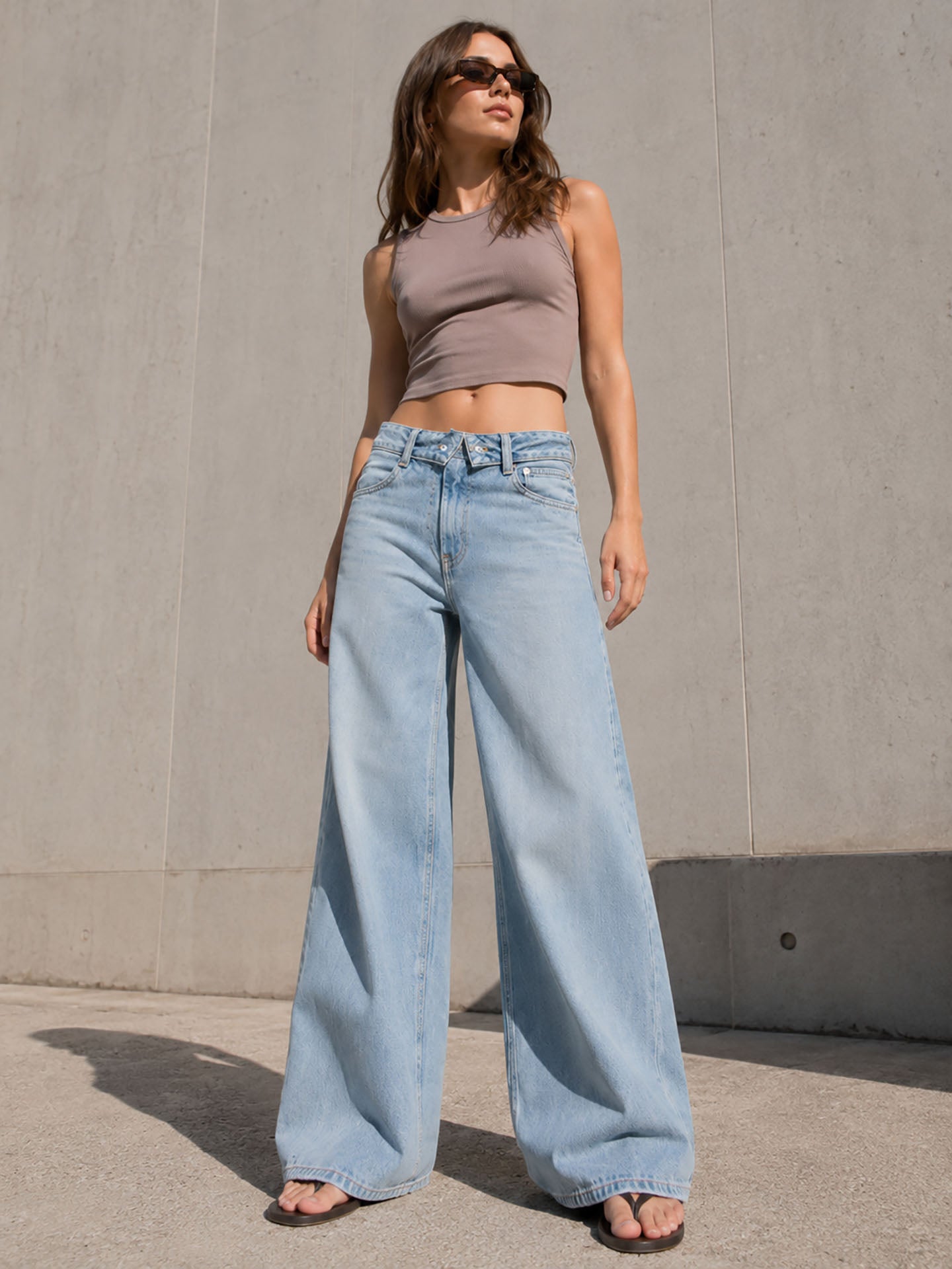 Light Blue High Rise Folded Waistband Wide Leg Jeans