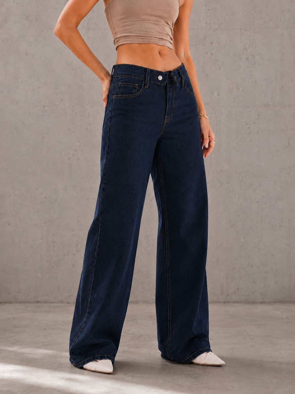 Navy High Rise Folded Waistband Wide Leg Jeans