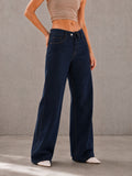 Navy High Rise Folded Waistband Wide Leg Jeans