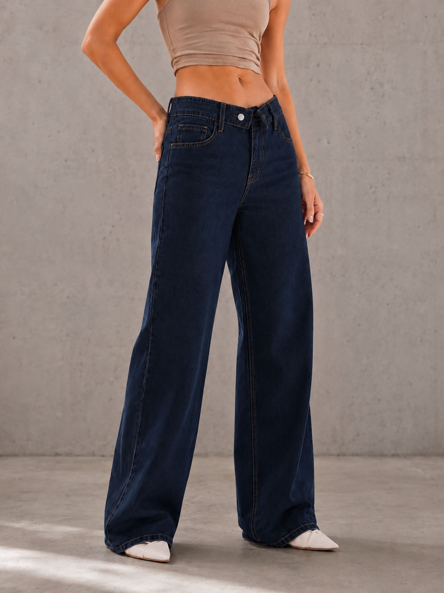 Navy High Rise Folded Waistband Wide Leg Jeans