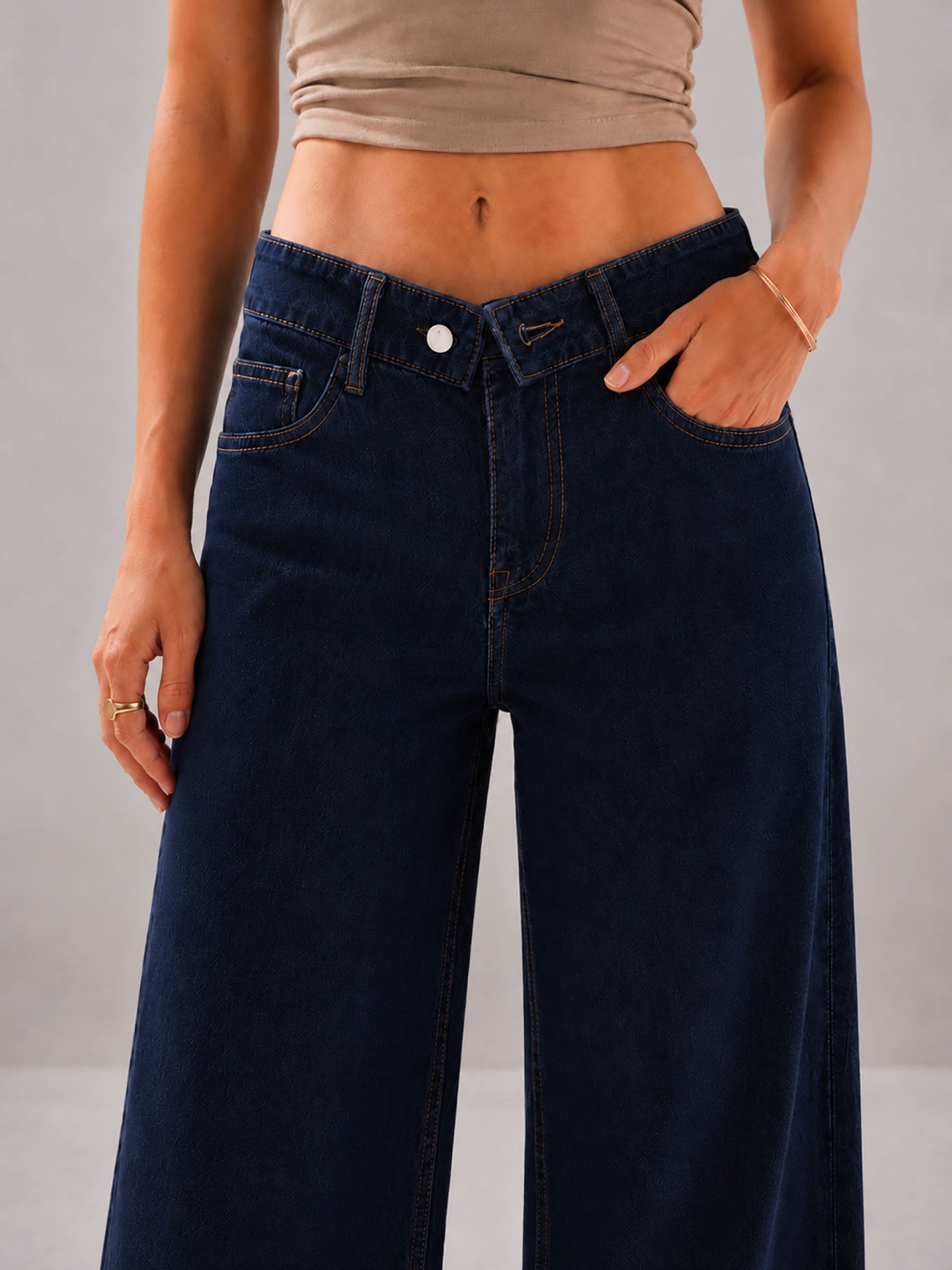 Navy High Rise Folded Waistband Wide Leg Jeans