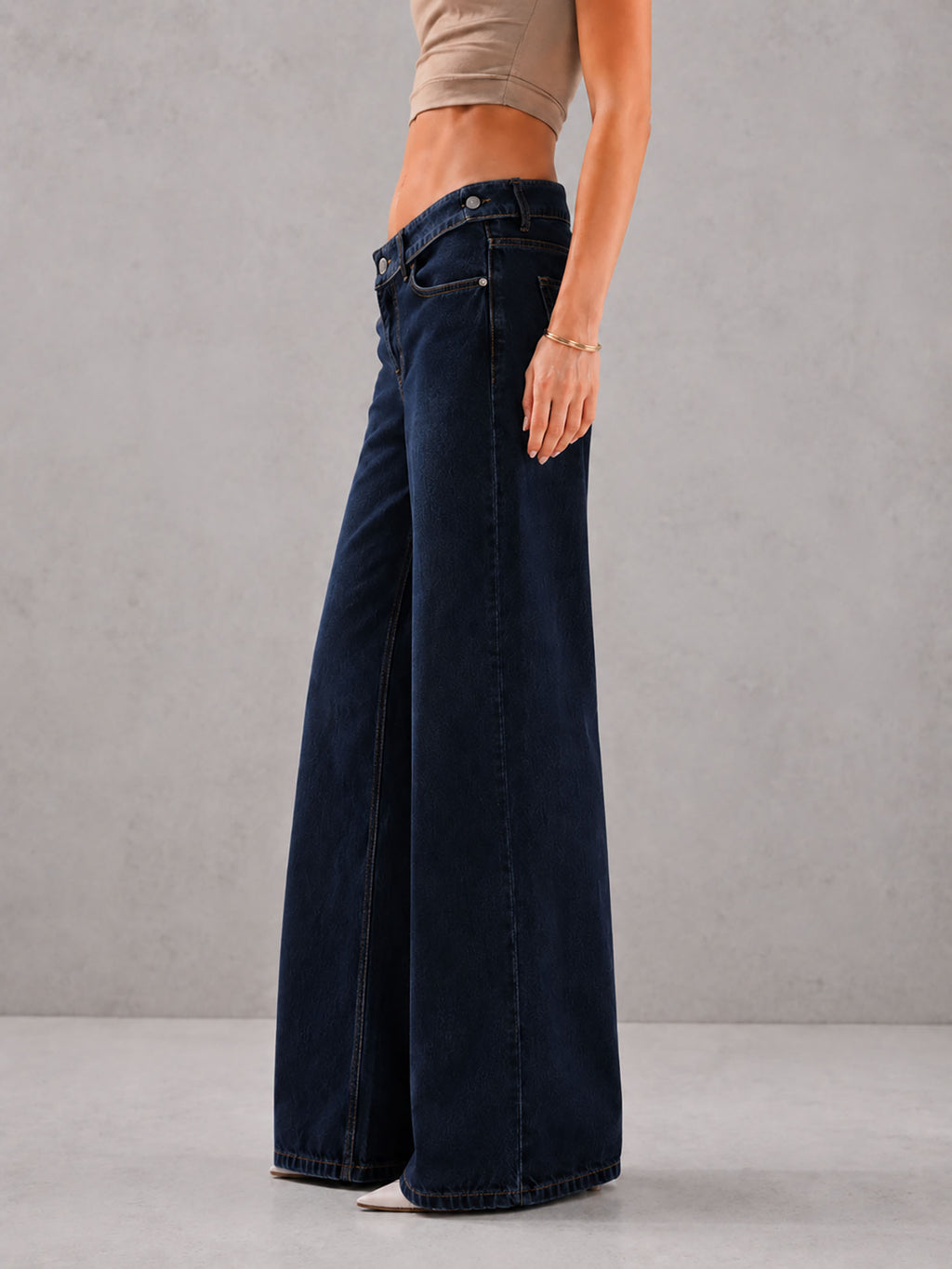 Navy High Rise Folded Waistband Wide Leg Jeans