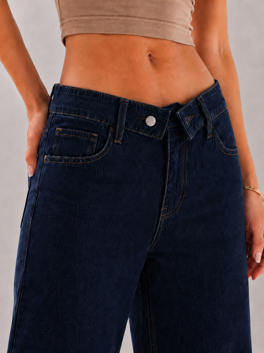 Navy High Rise Folded Waistband Wide Leg Jeans