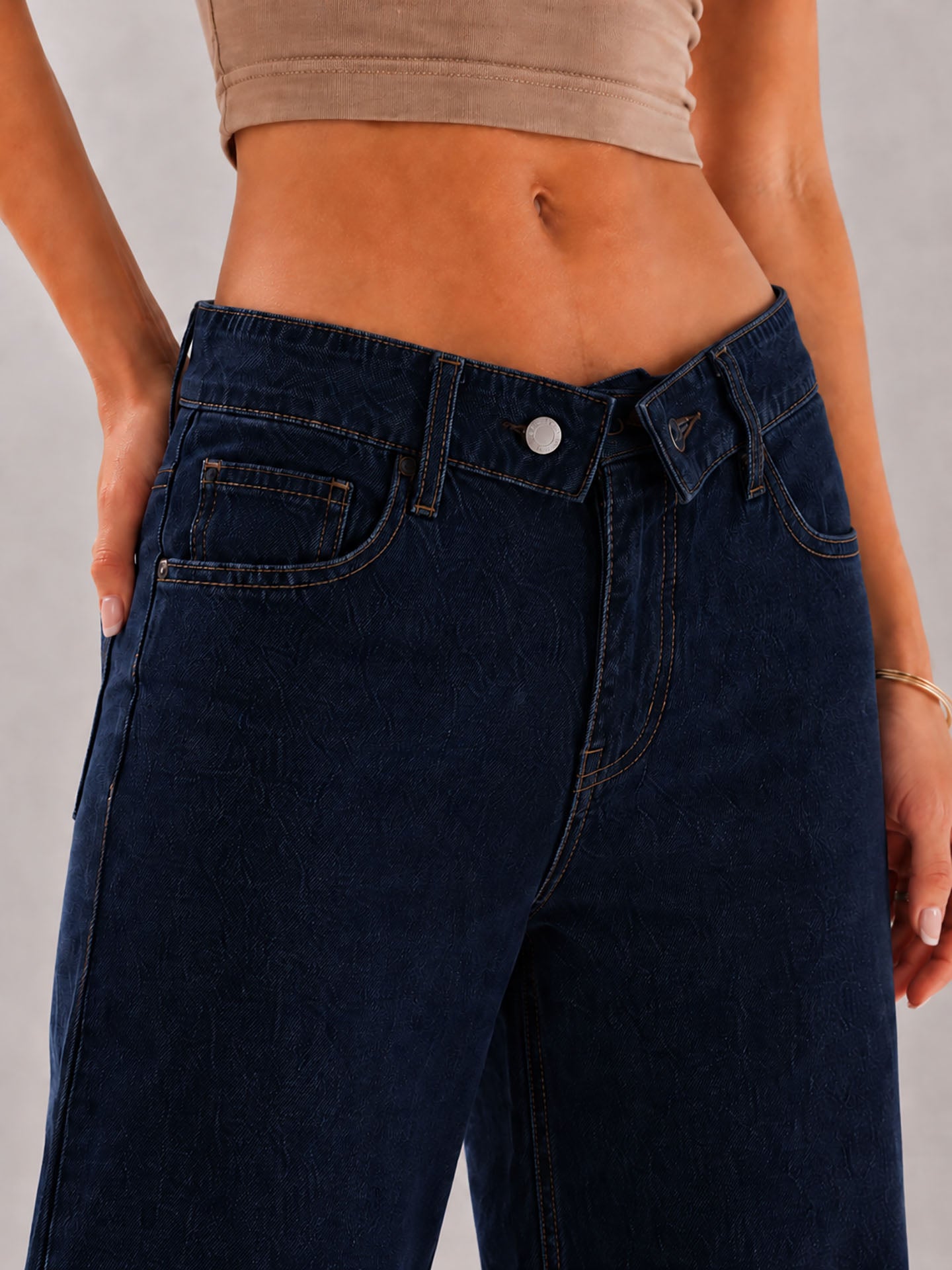 Navy High Rise Folded Waistband Wide Leg Jeans