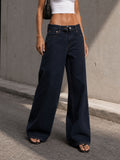 Navy High Rise Folded Waistband Wide Leg Jeans