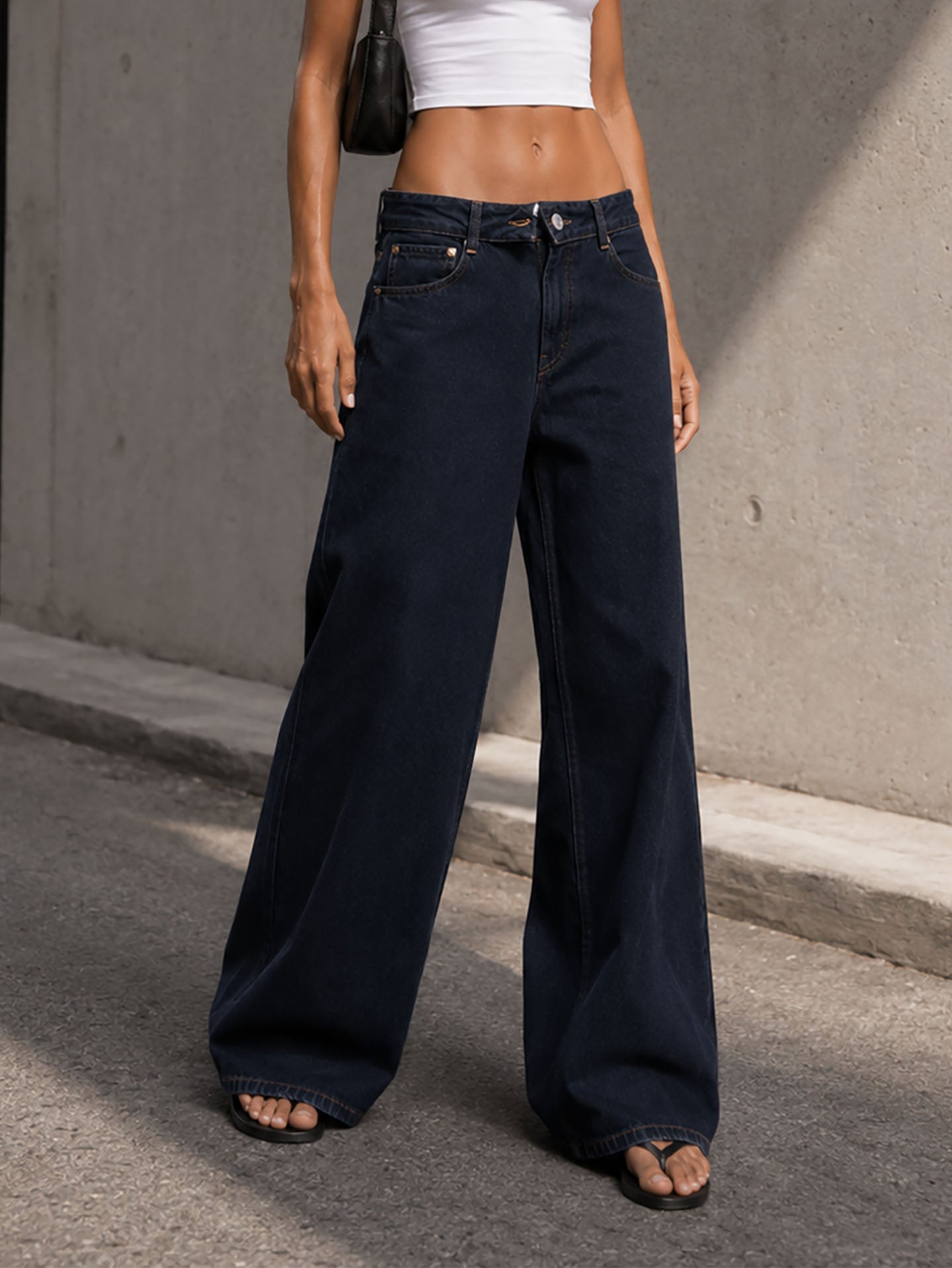 Navy High Rise Folded Waistband Wide Leg Jeans