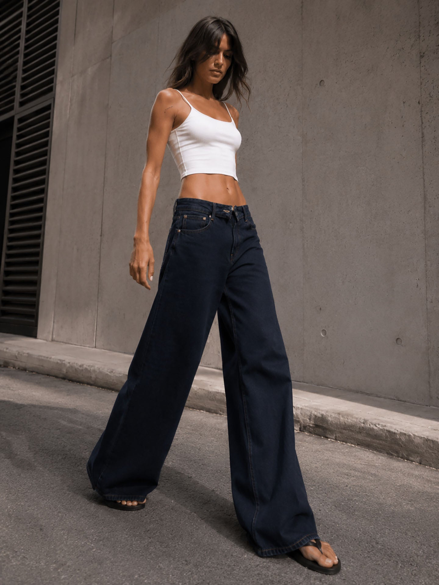 Navy High Rise Folded Waistband Wide Leg Jeans