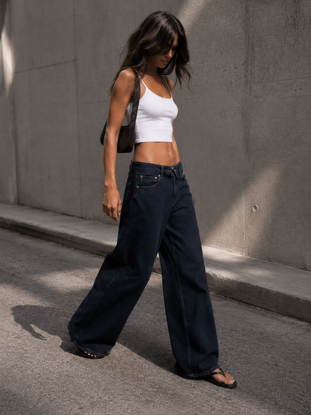 Navy High Rise Folded Waistband Wide Leg Jeans