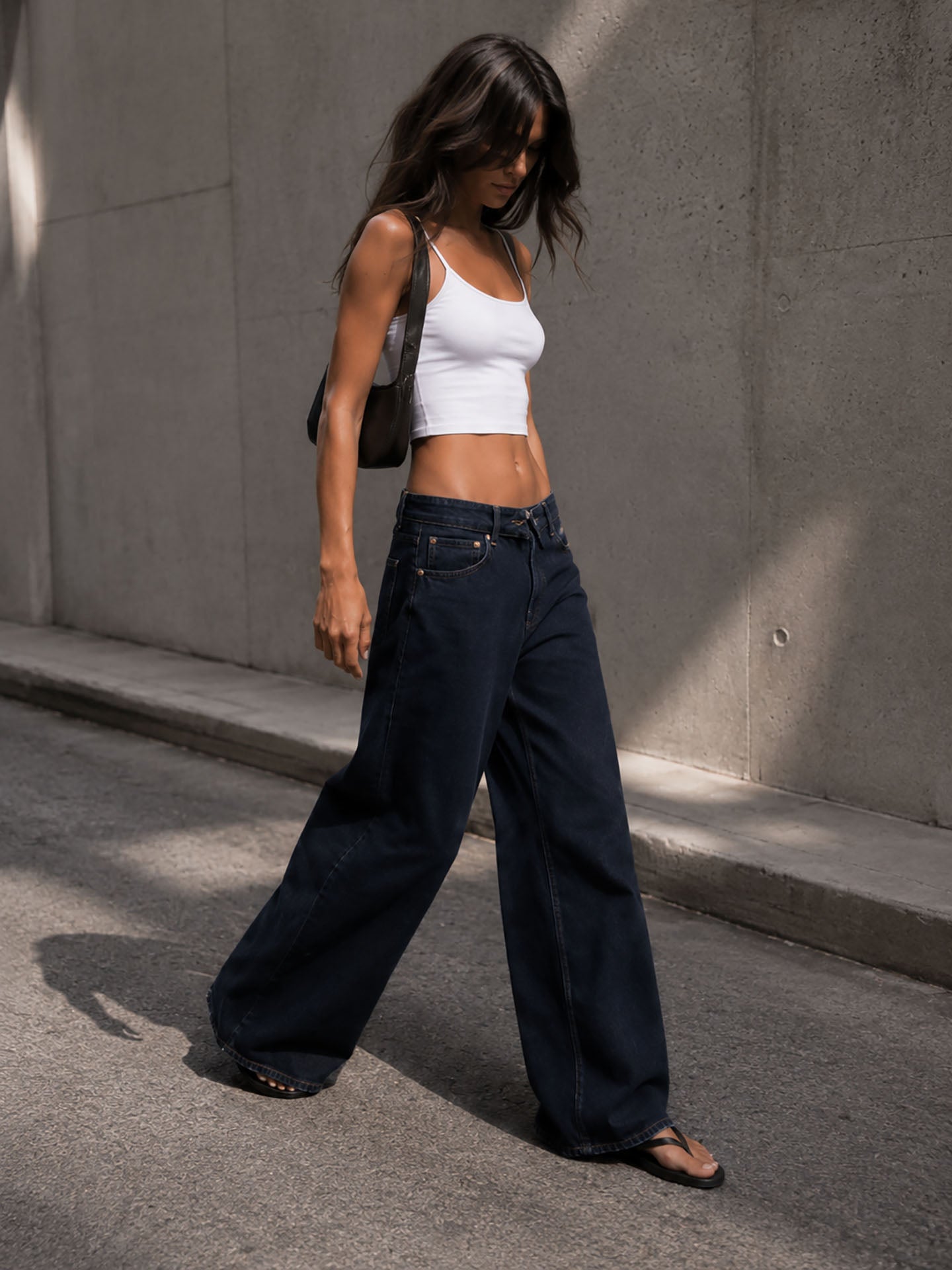Navy High Rise Folded Waistband Wide Leg Jeans