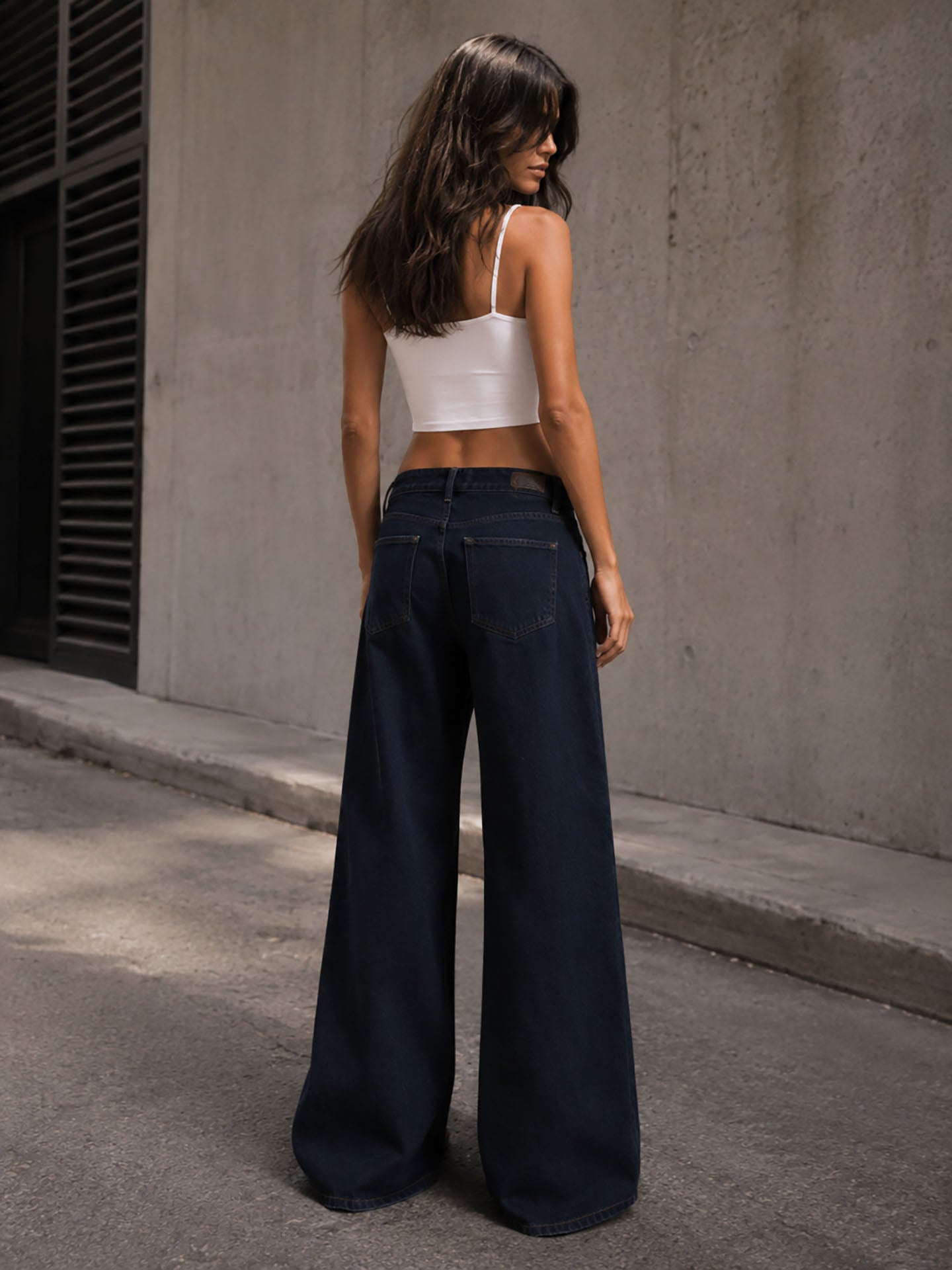 Navy High Rise Folded Waistband Wide Leg Jeans