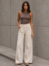 Beige Button-Waist Wide-Leg Pants