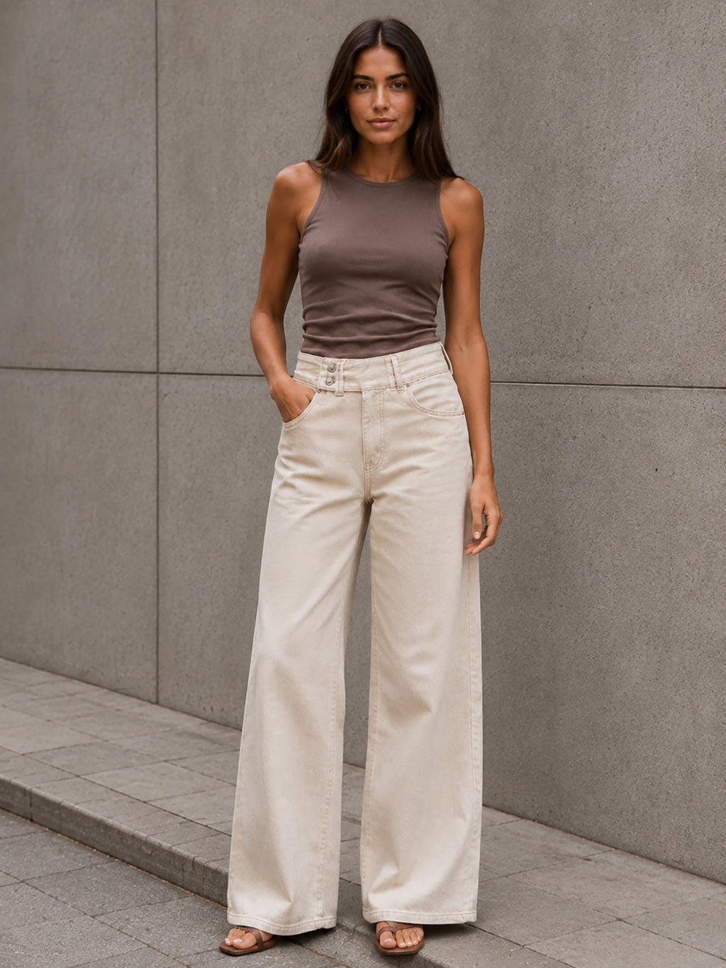 Beige Button-Waist Wide-Leg Pants