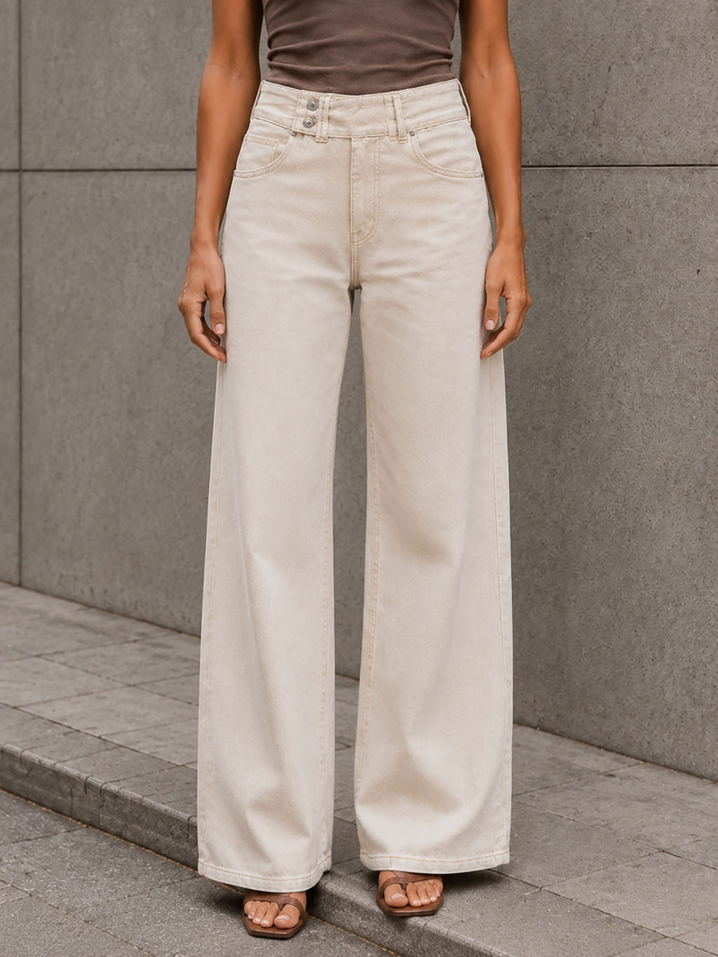 Beige Button-Waist Wide-Leg Pants