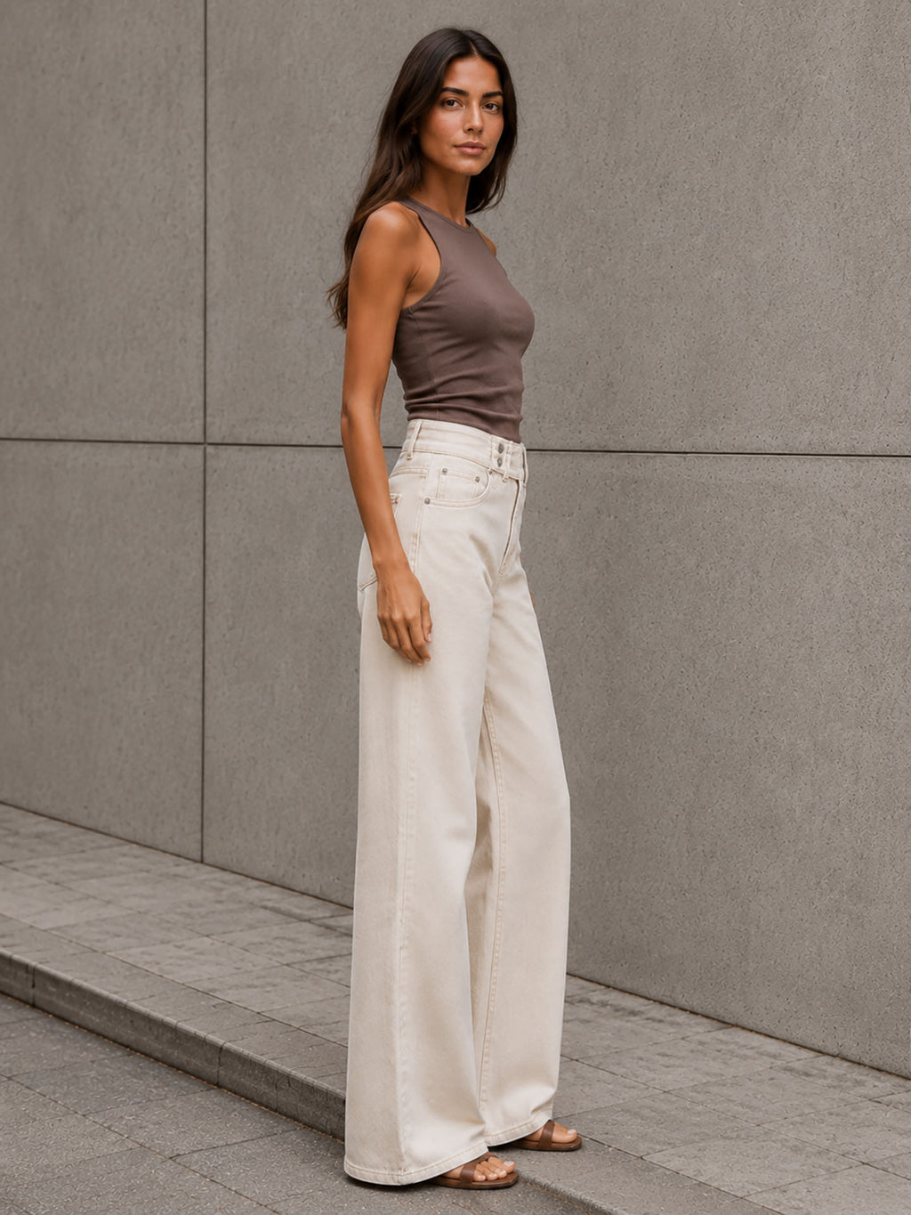 Beige Button-Waist Wide-Leg Pants