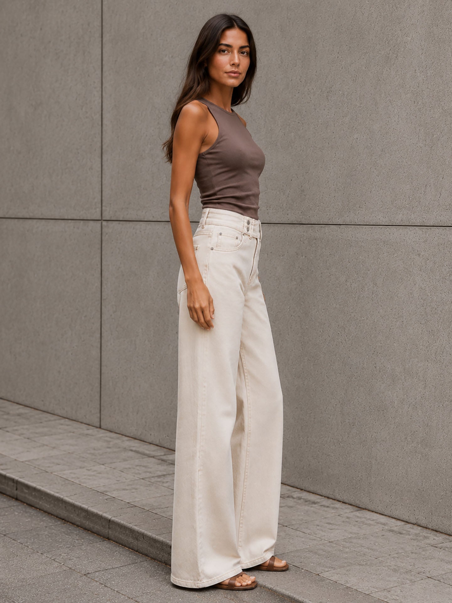 Beige Button-Waist Wide-Leg Pants