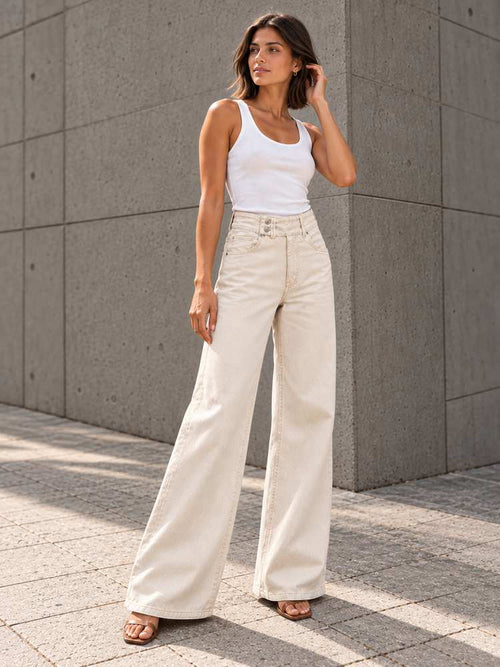 Beige Button-Waist Wide-Leg Pants