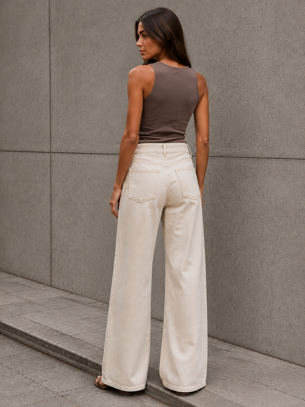 Beige Button-Waist Wide-Leg Pants