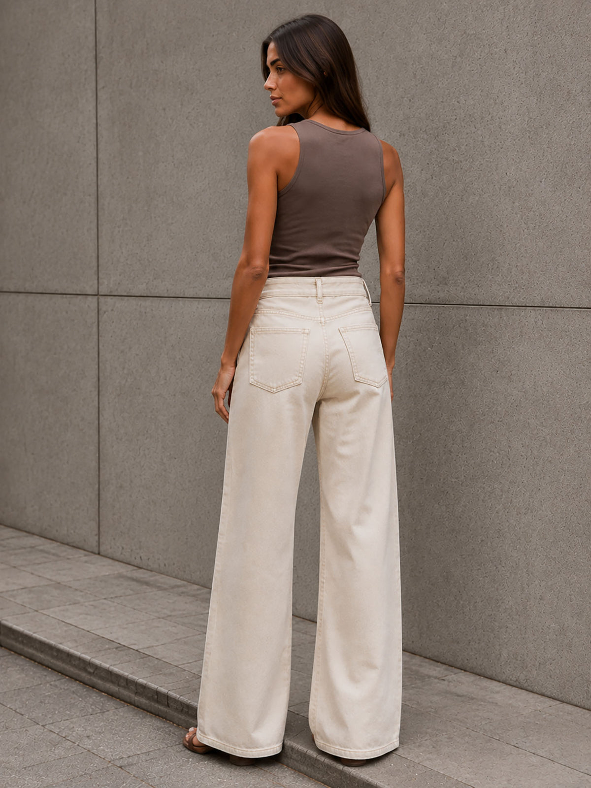 Beige Button-Waist Wide-Leg Pants