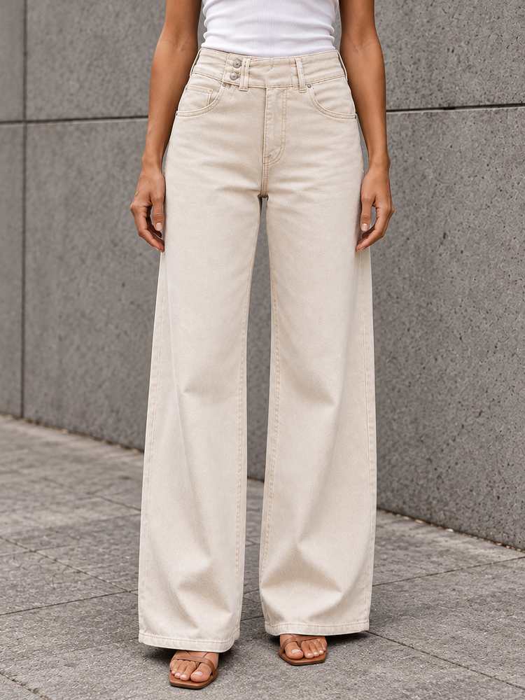 Beige Button-Waist Wide-Leg Pants