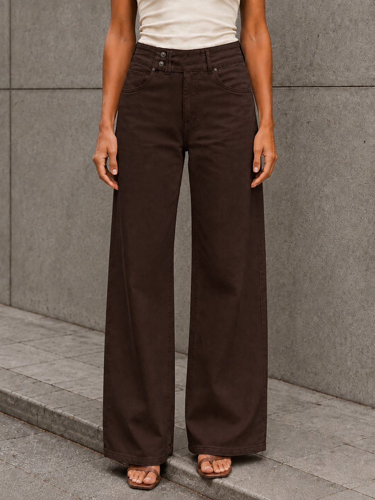 Brown Button-Waist Wide-Leg Pants