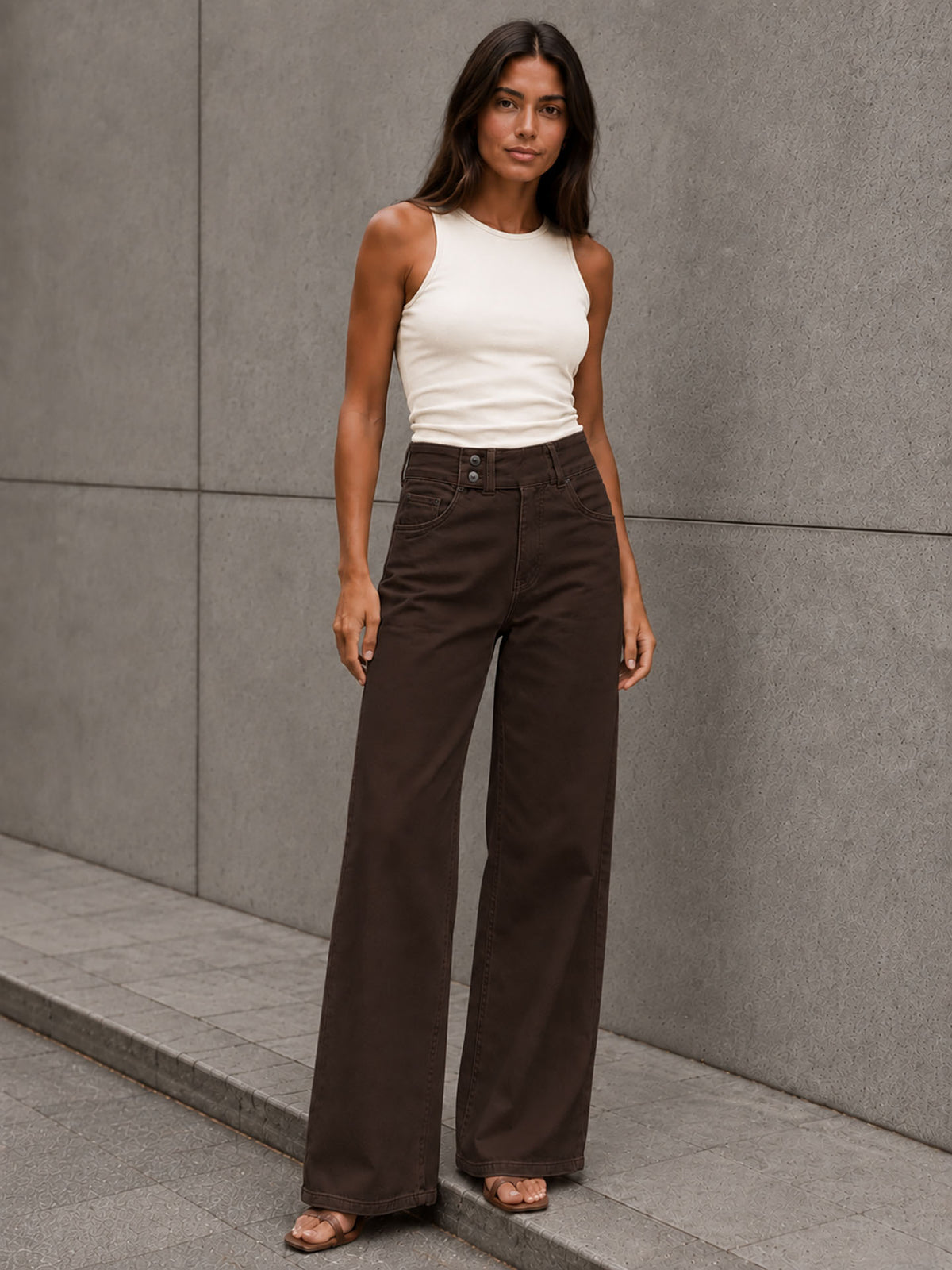 Brown Button-Waist Wide-Leg Pants