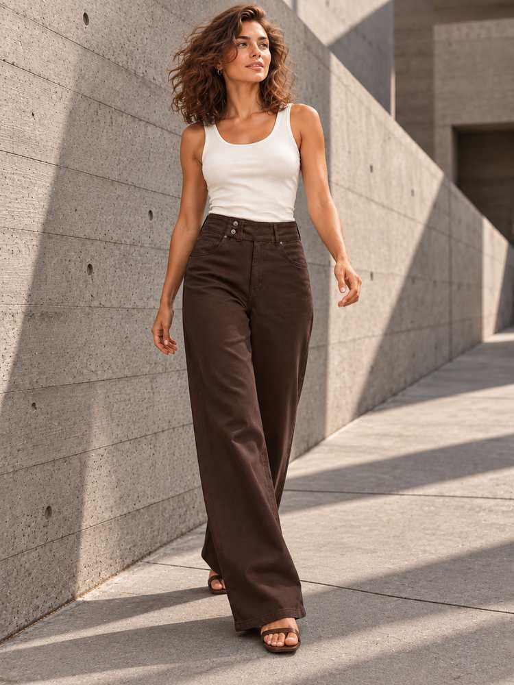 Brown Button-Waist Wide-Leg Pants