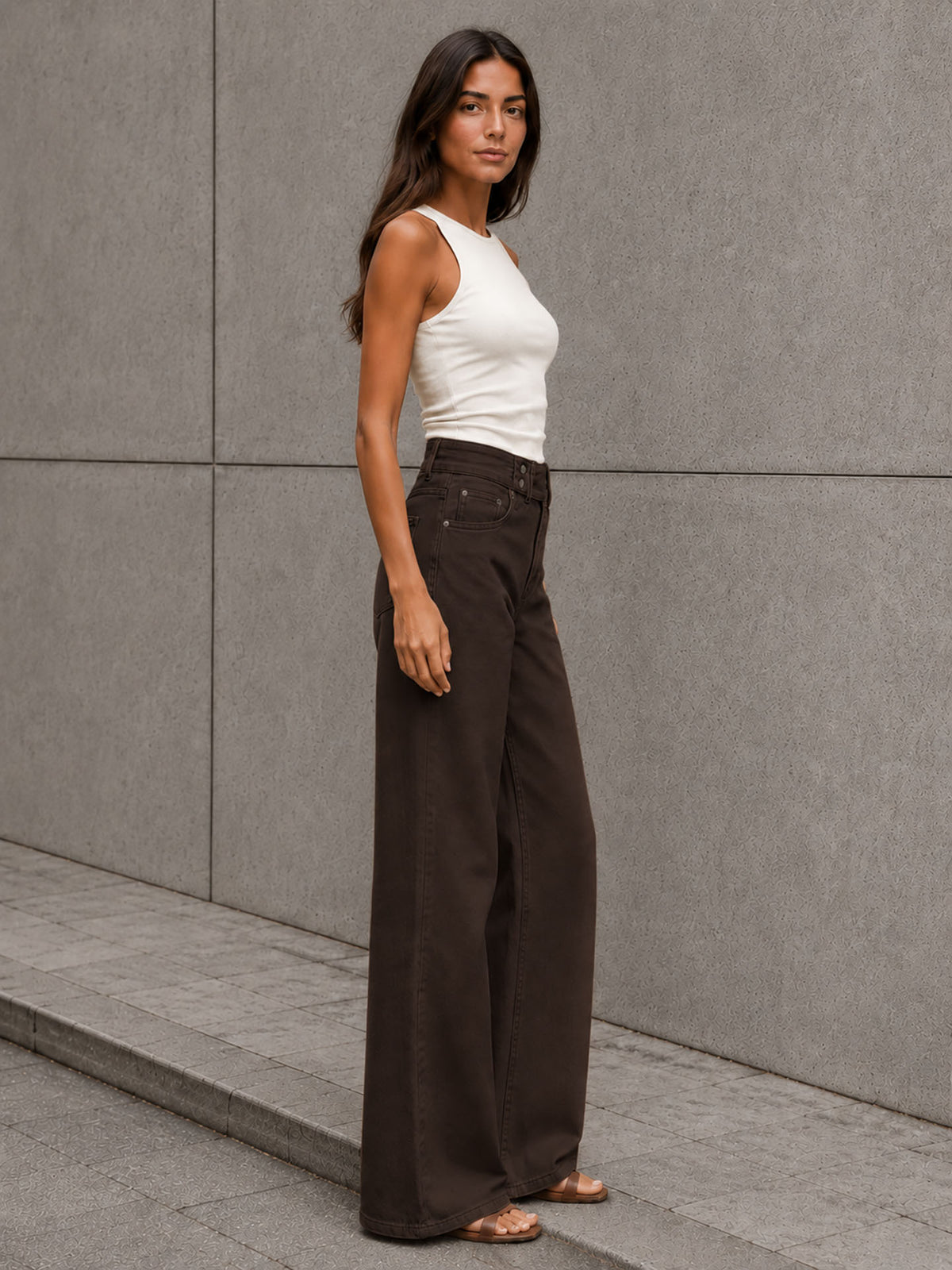 Brown Button-Waist Wide-Leg Pants