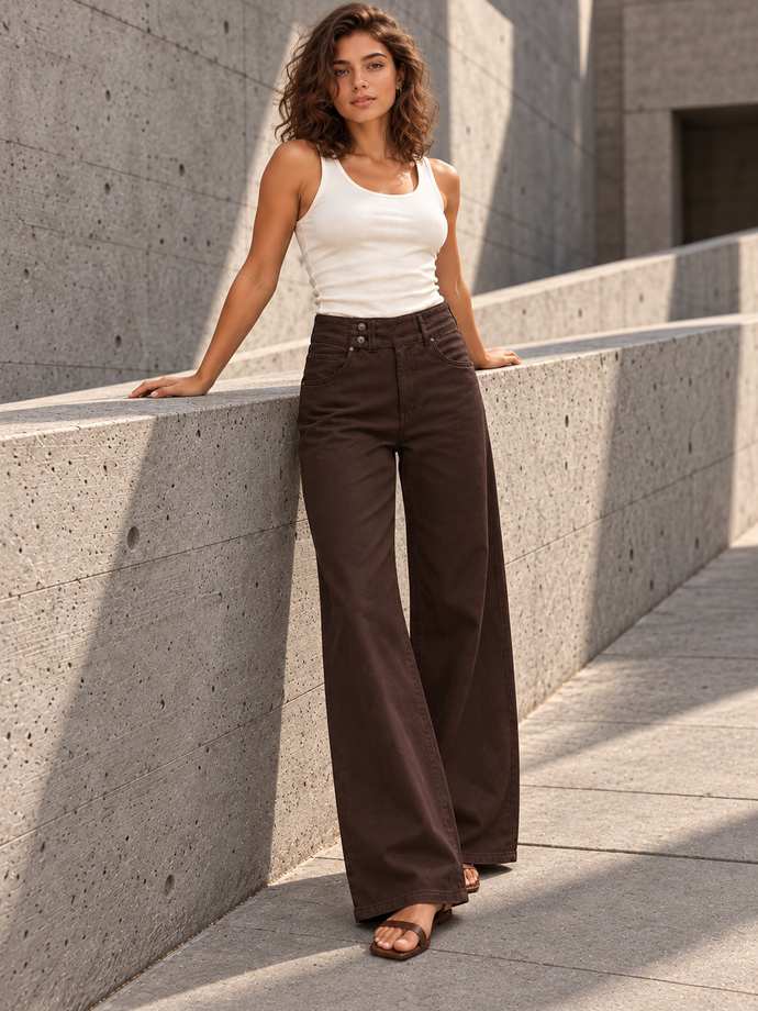 Brown Button-Waist Wide-Leg Pants