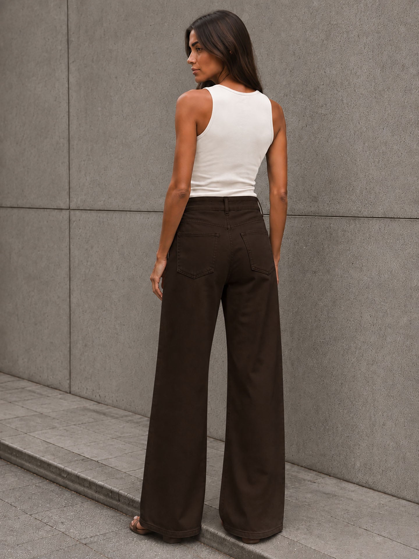 Brown Button-Waist Wide-Leg Pants