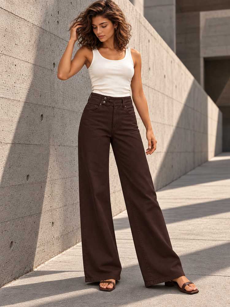 Brown Button-Waist Wide-Leg Pants