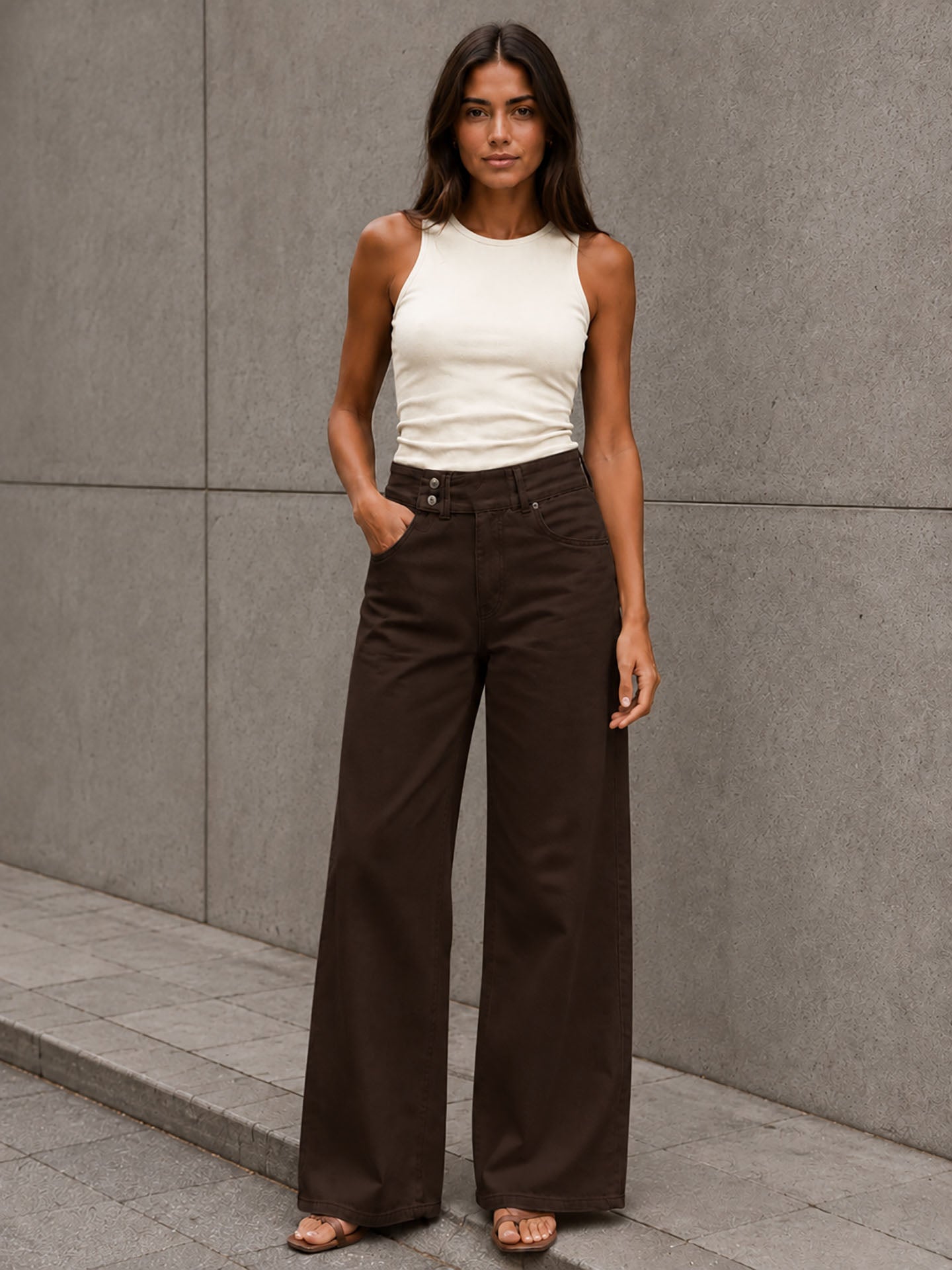 Brown Button-Waist Wide-Leg Pants