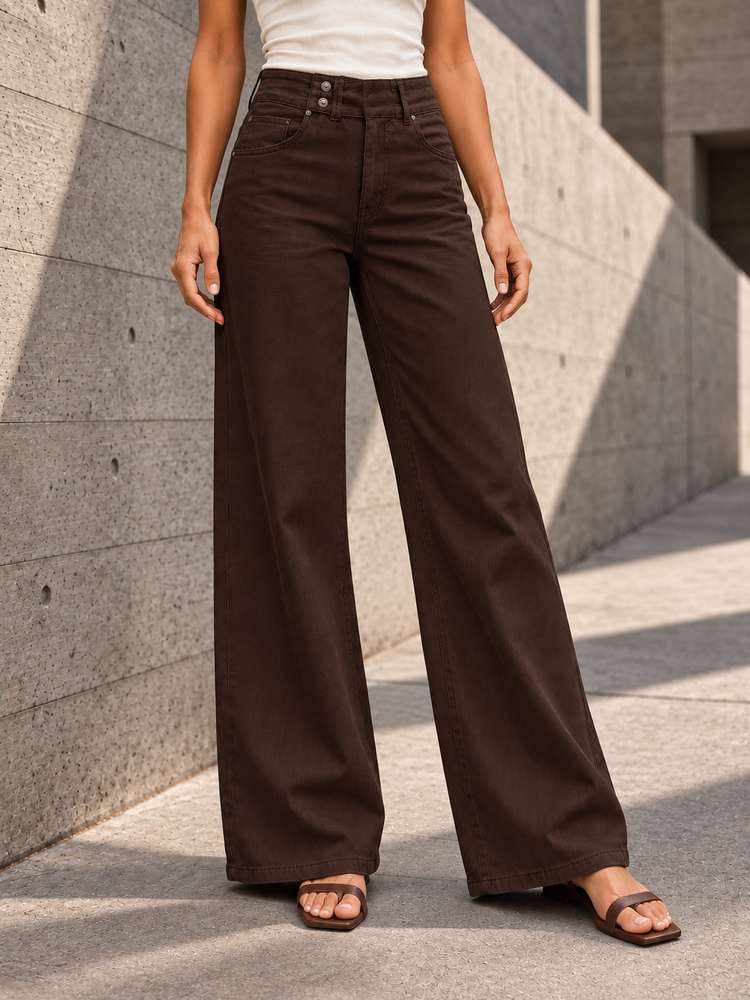 Brown Button-Waist Wide-Leg Pants
