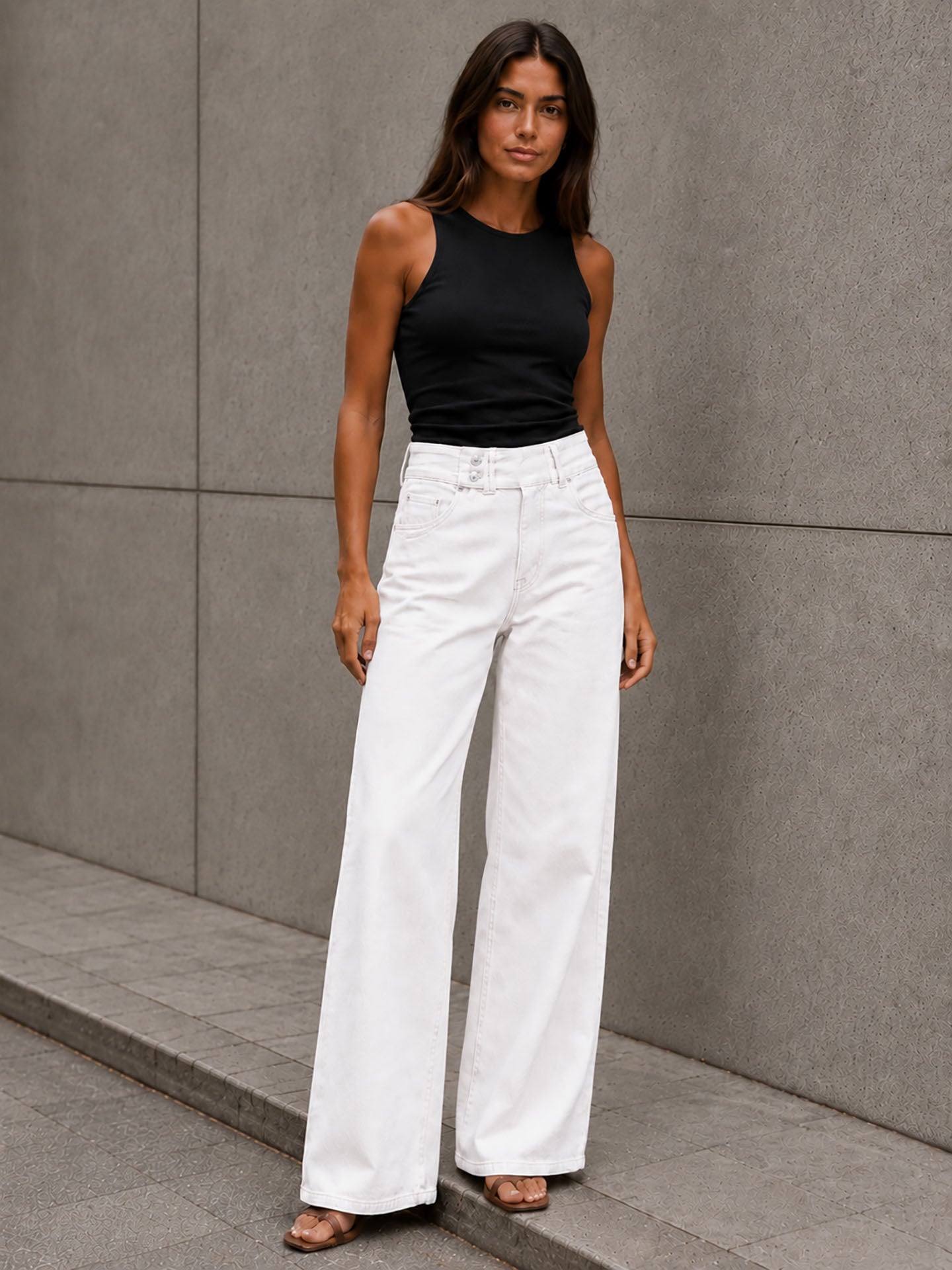 Off White Button-Waist Wide-Leg Pants