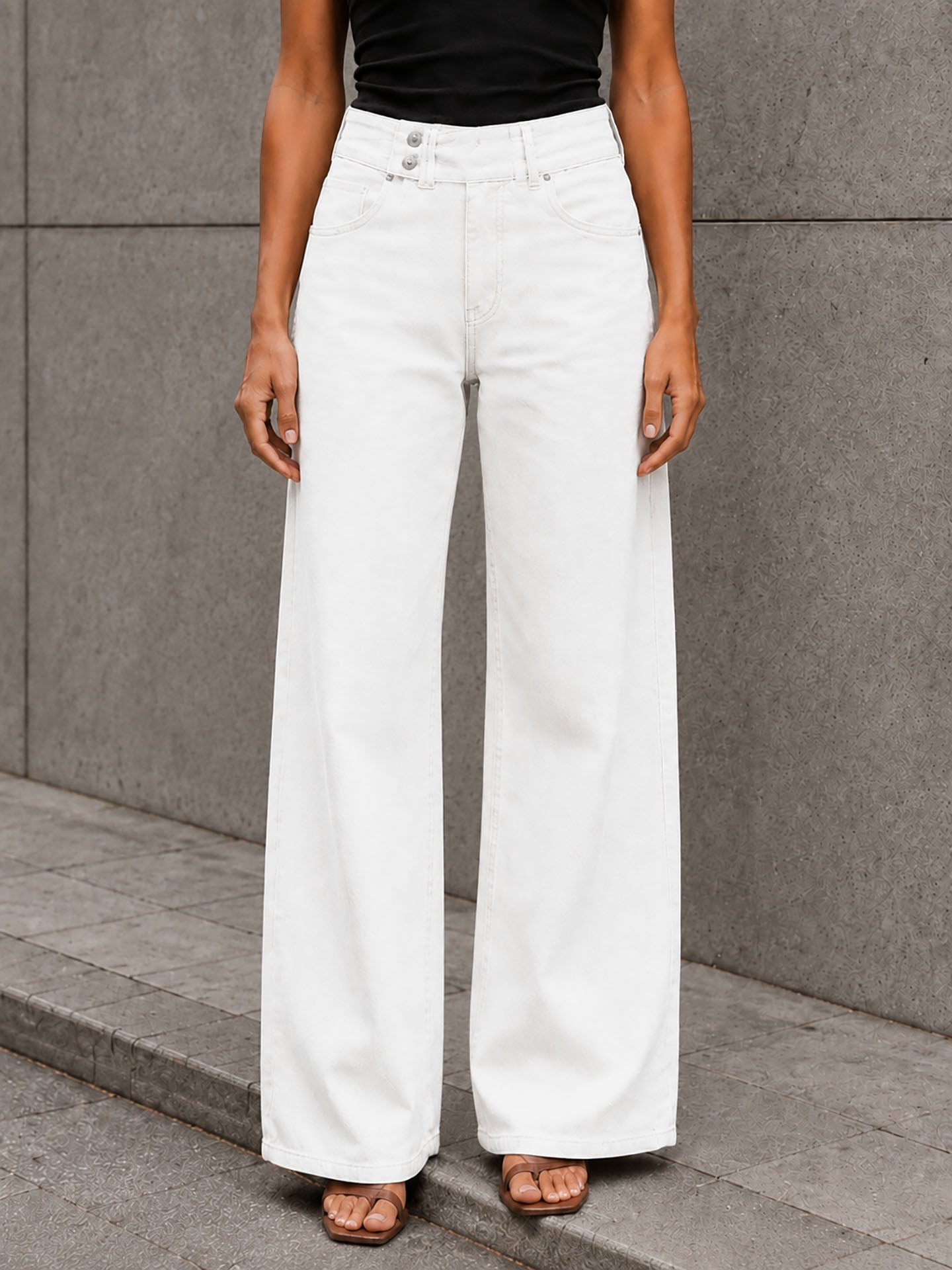 Off White Button-Waist Wide-Leg Pants
