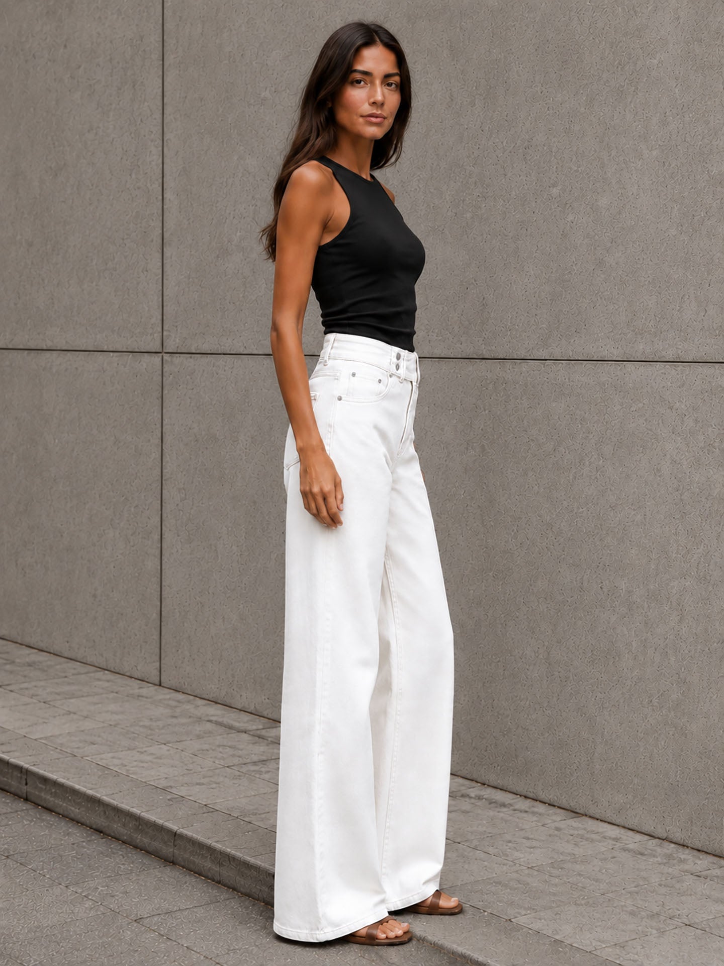 Off White Button-Waist Wide-Leg Pants