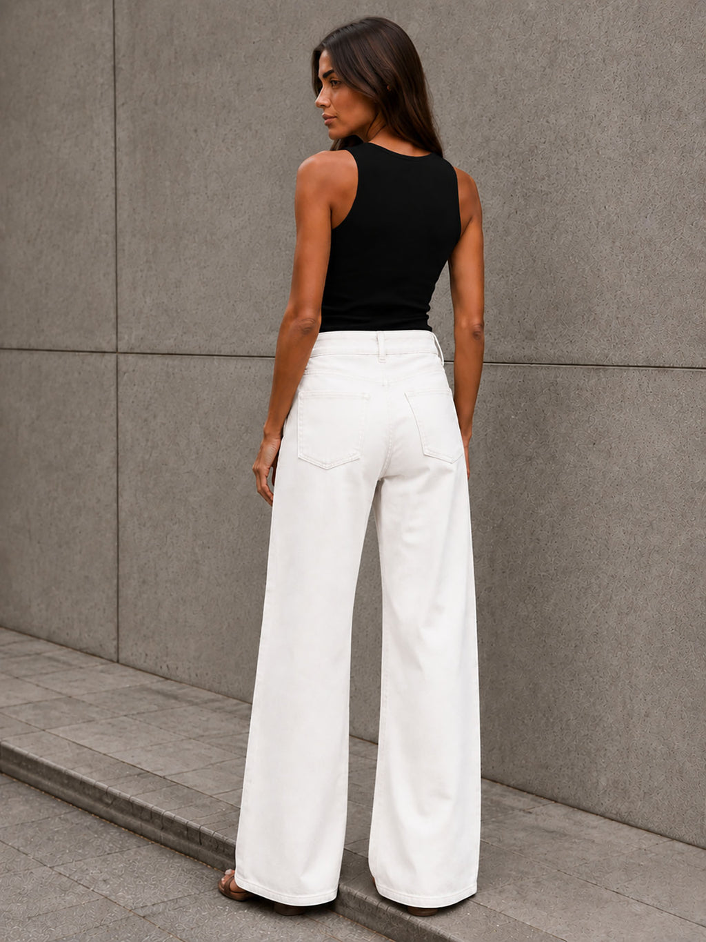Off White Button-Waist Wide-Leg Pants