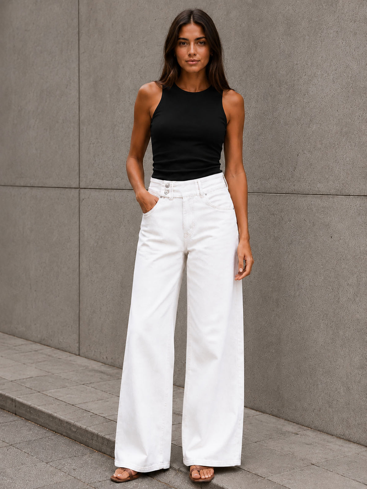 Off White Button-Waist Wide-Leg Pants