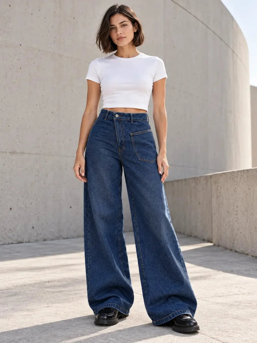 Deep Blue Patch Pocket Wide-Leg Jeans