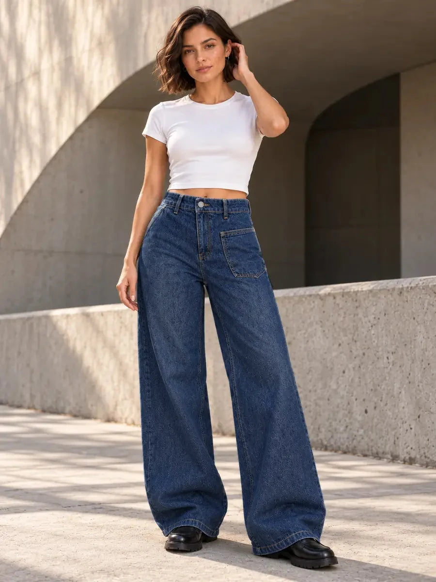 B803 Deep Blue patch pocket wide-leg jeans, model view 2