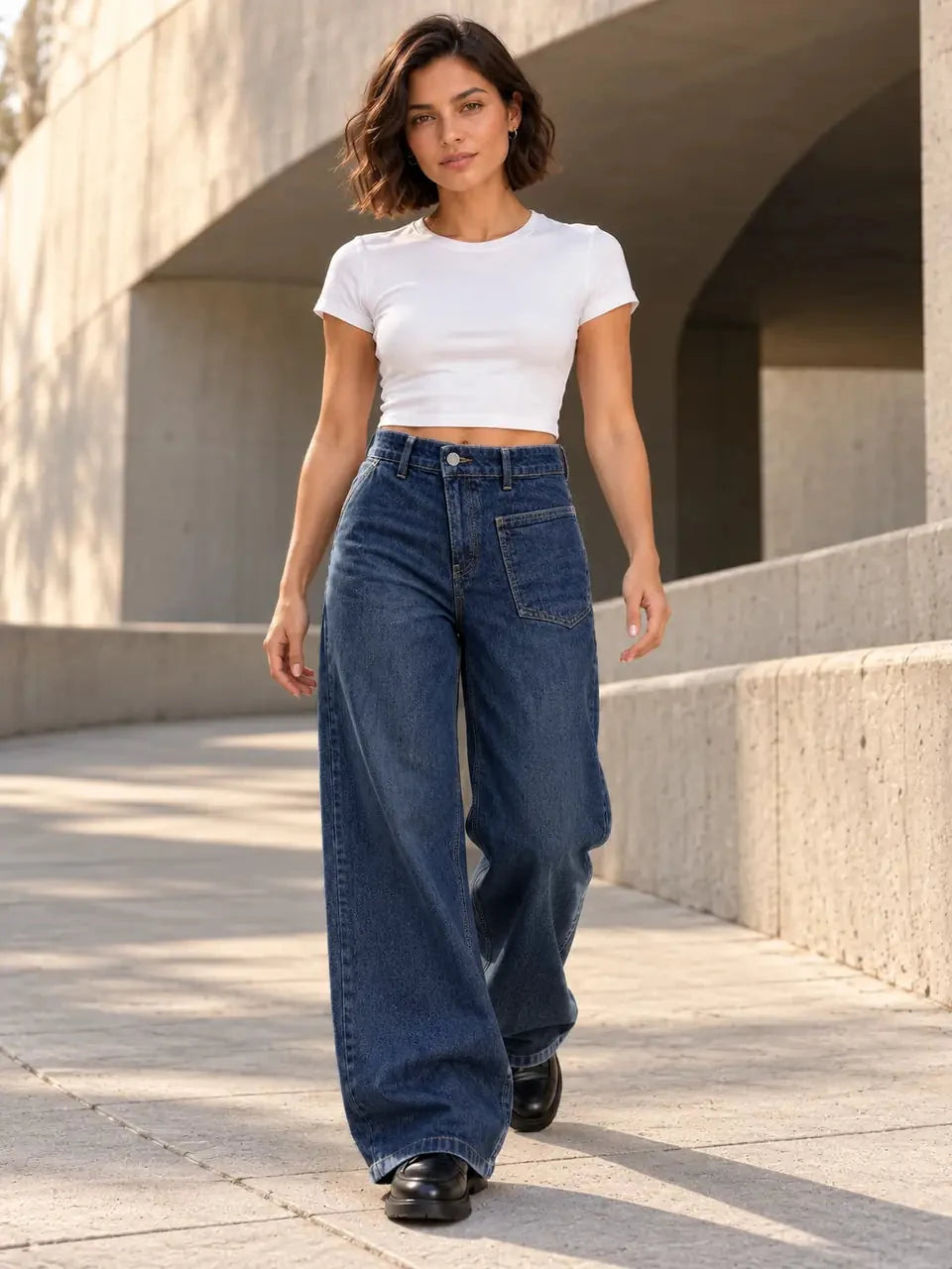 B803 Deep Blue patch pocket wide-leg jeans, model view 3