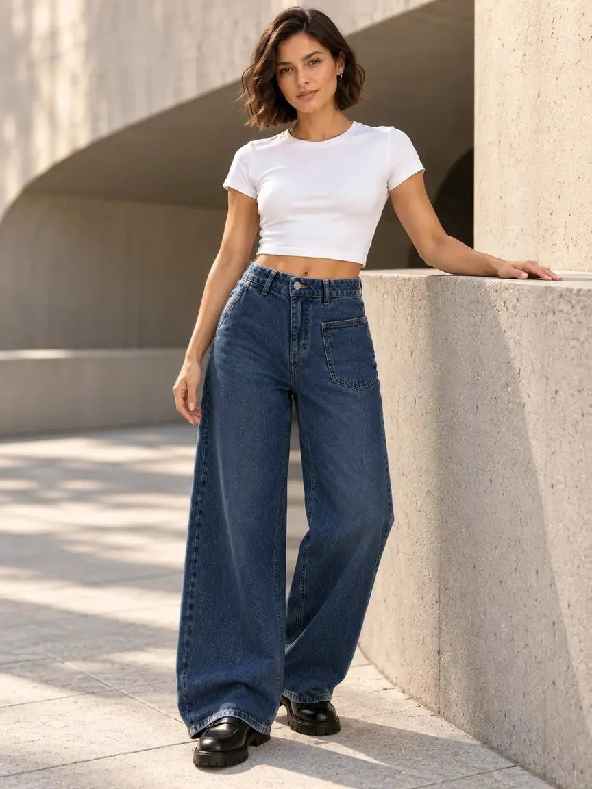 B803 Deep Blue patch pocket wide-leg jeans, model view 4