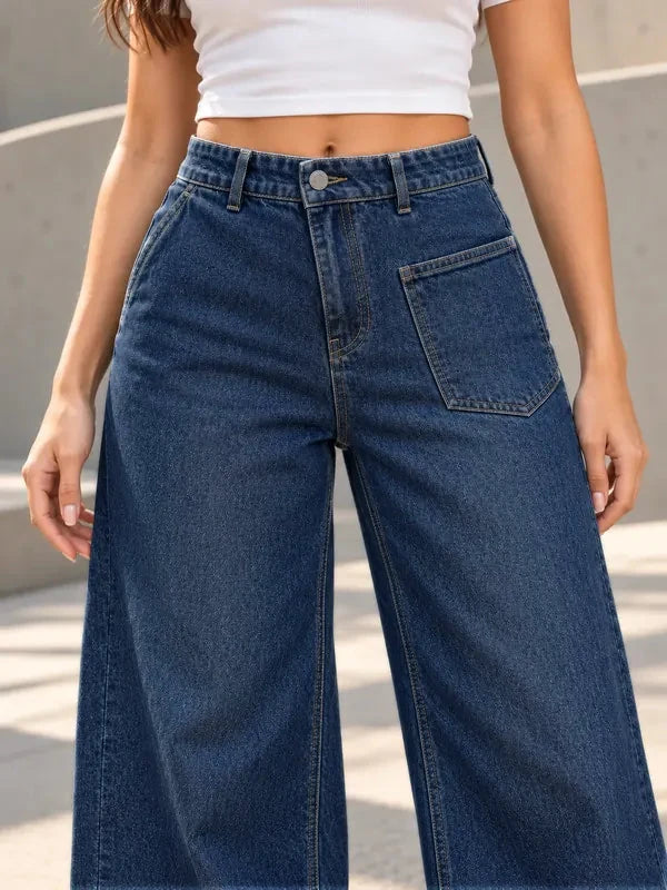 B803 Deep Blue patch pocket wide-leg jeans, waist and pocket detail
