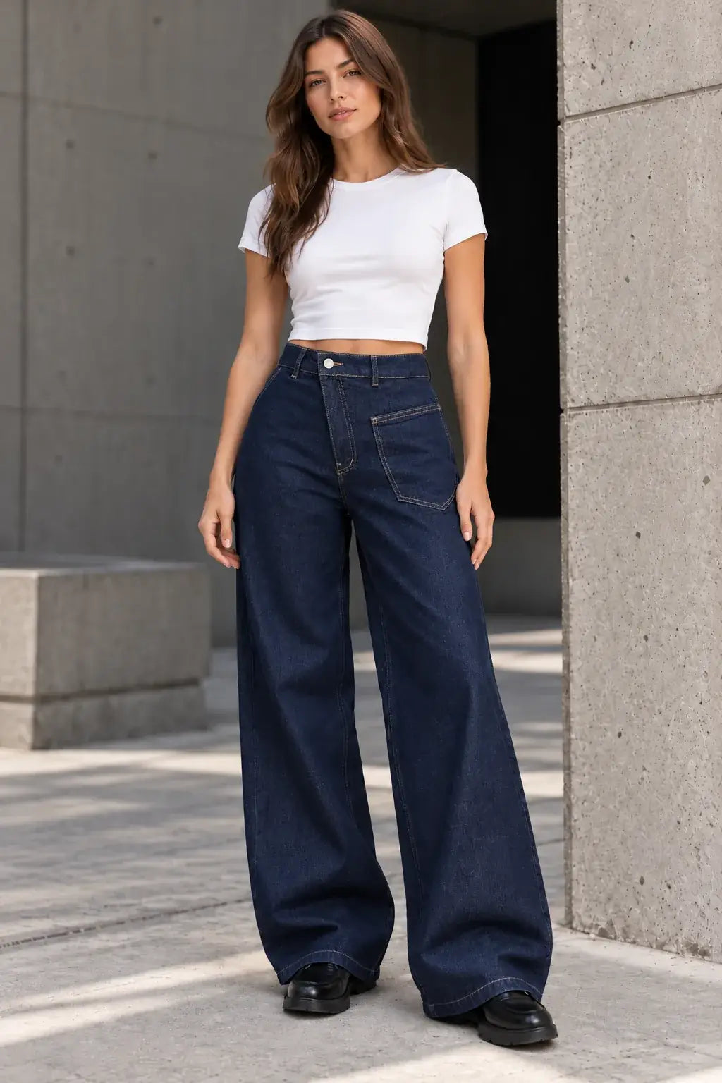 B803 Navy asymmetric waist wide-leg jeans, model view 1