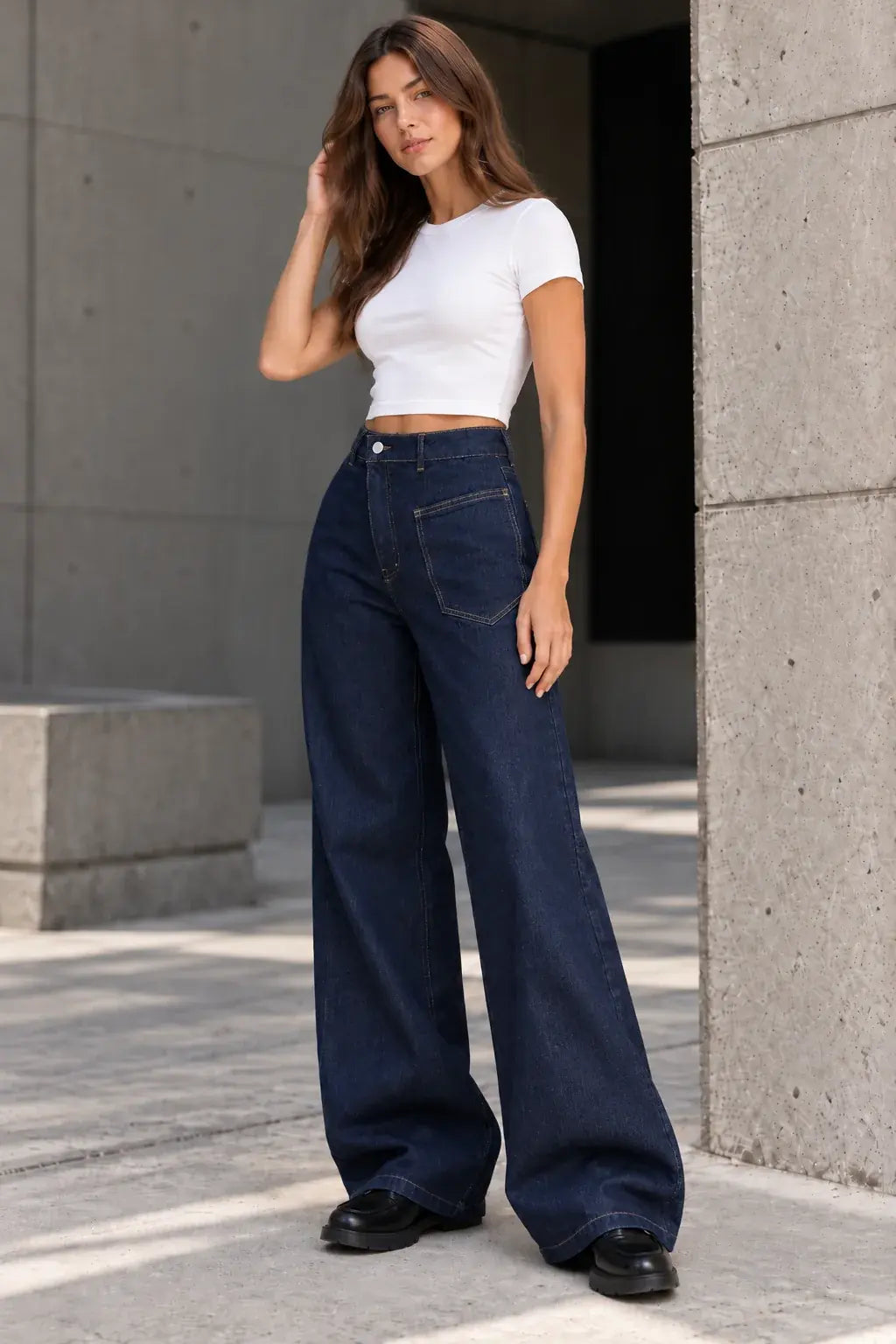 B803 Navy asymmetric waist wide-leg jeans, model view 2