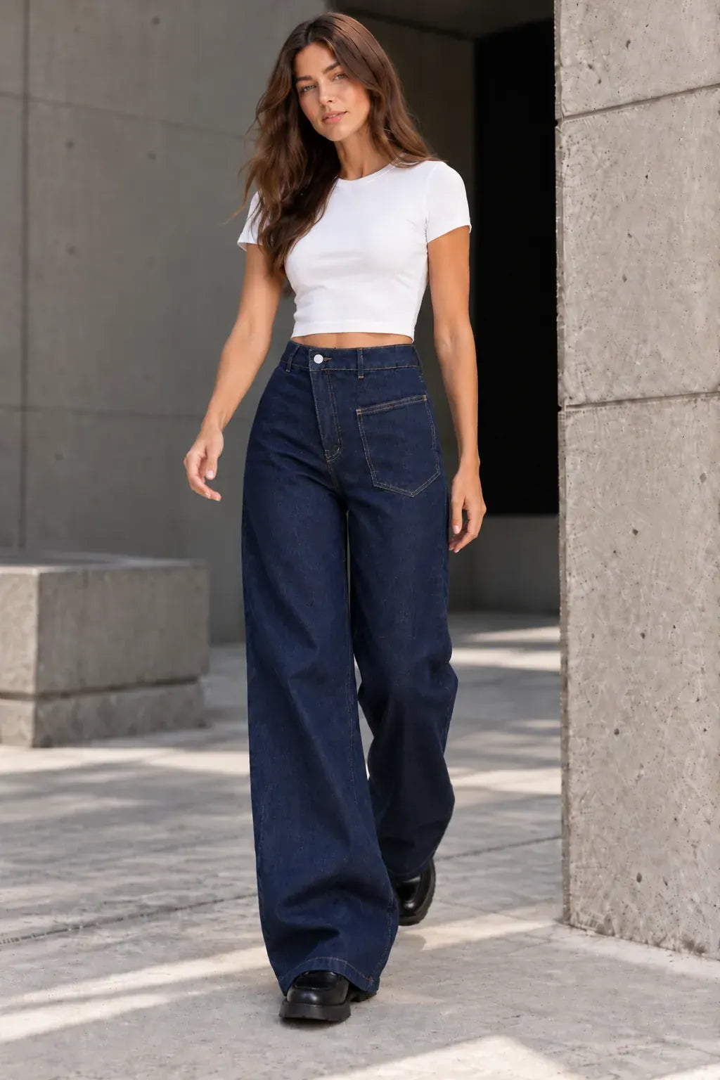 B803 Navy asymmetric waist wide-leg jeans, model view 3