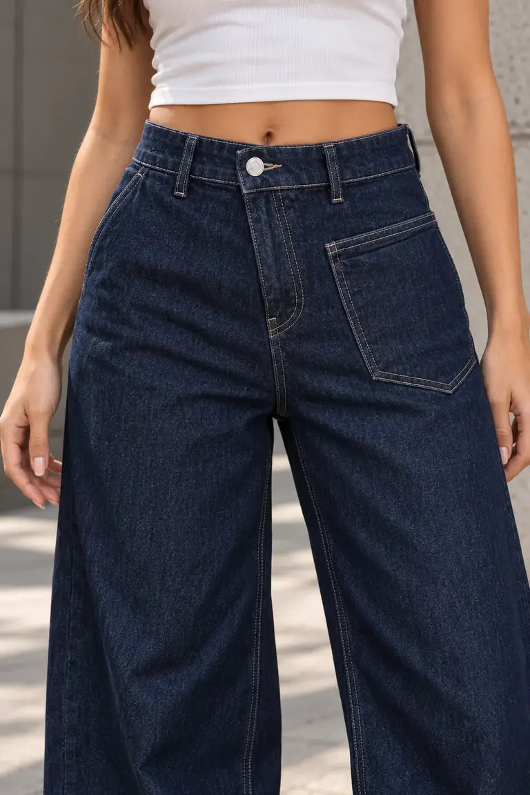 B803 Navy asymmetric waist wide-leg jeans, waist and pocket detail