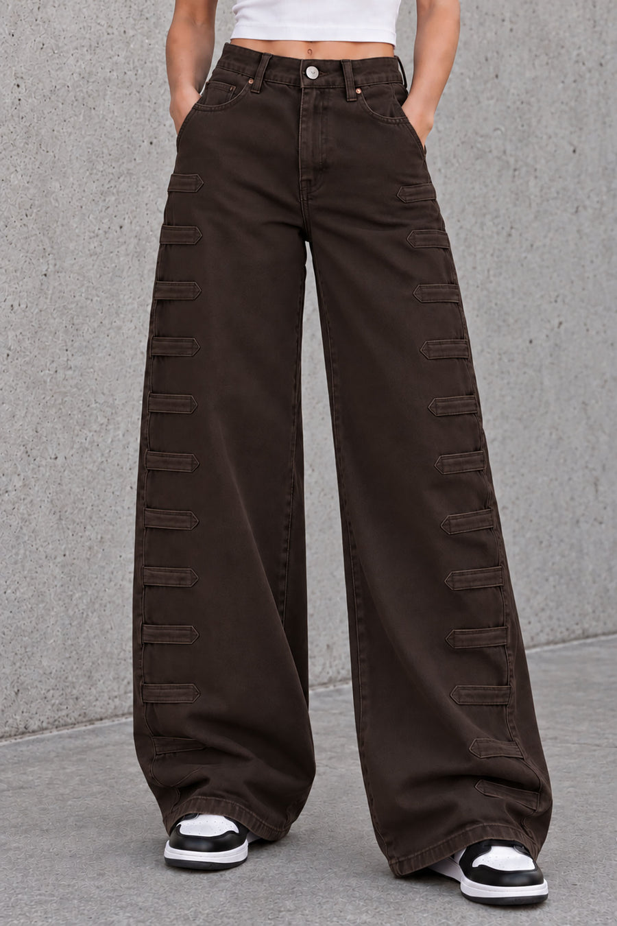 Brown Wide-Leg Pants with Side Tab Details