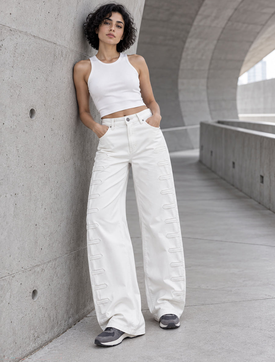 Off White Wide-Leg Pants with Side Tab Details